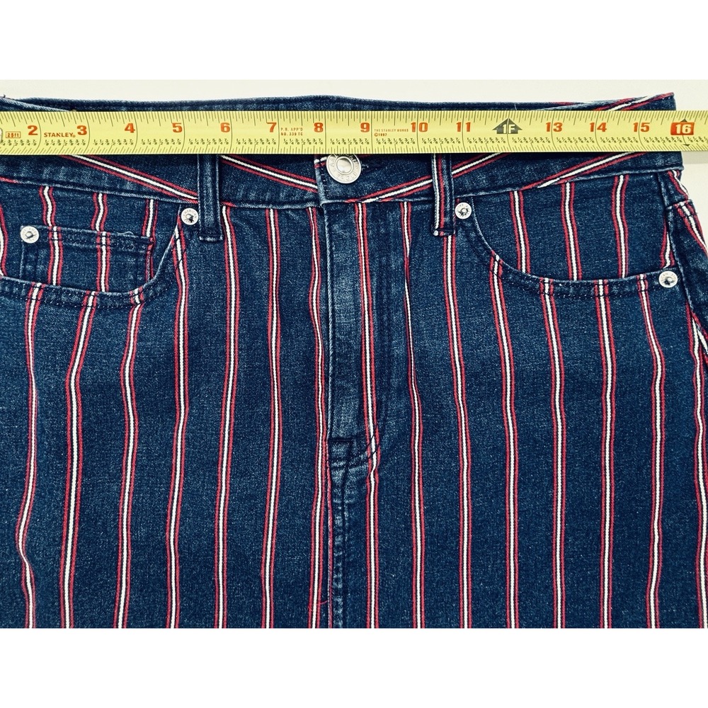 American Eagle Skirt Womens 10 Blue Red Striped Denim Jean Mini Stretch Raw Edge - Picture 7 of 10